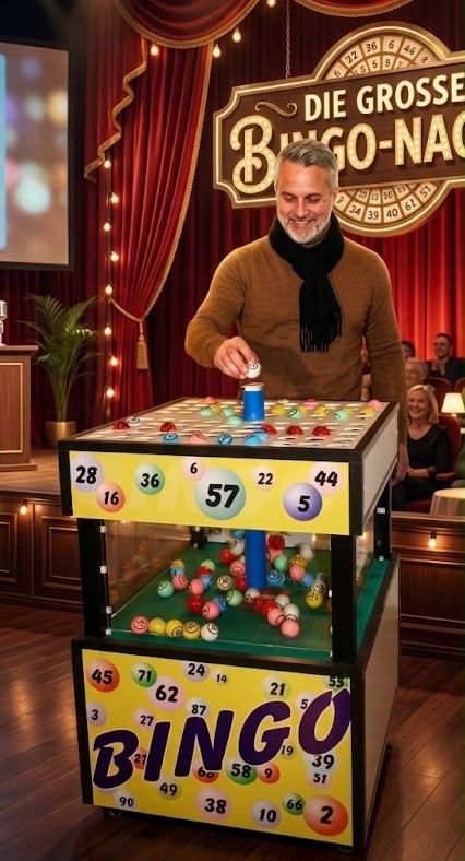 Moderator an der Bingotrommel bei der großen Bingo-Nacht