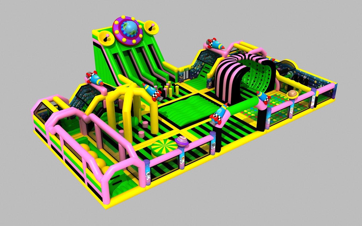 Planungsmodell eines Hallenspielplatzes mit Kletterparcours, Rutschen und Softplay-Bereich